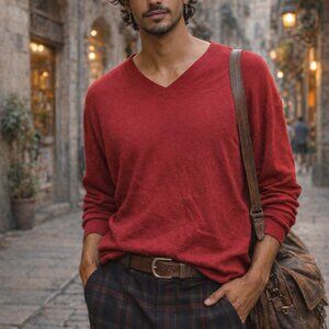 Pronto Uomo 100% Cashmere Sweater XL Red V-Neck Luxury Soft Knit Men’s Pullover